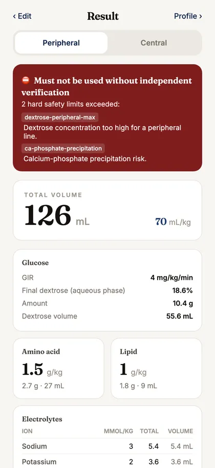 TPN Calculator — güvenlik uyarılarıyla sonuç ekranı